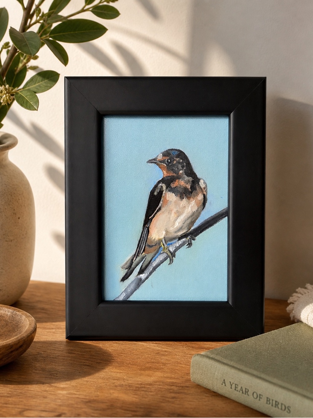 Original Black Framed Swallow oil painting, bird art, wildlife art